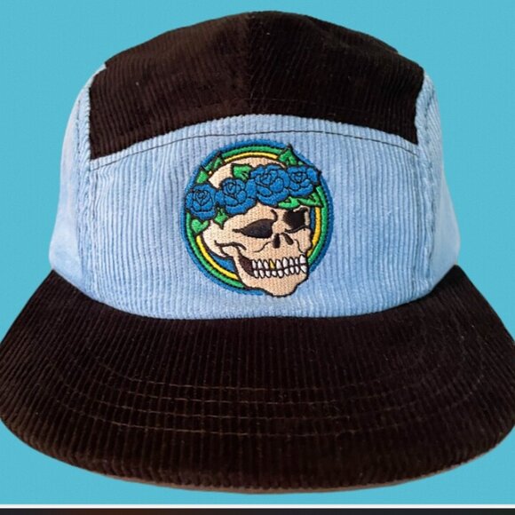 Corduroy 5 Panel Color Block Embroidered Adjustable Hat with Skull Roses - NWOT - Picture 2 of 4